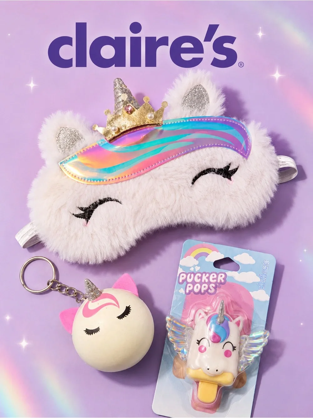 Claire’s Unicorn Bundle | Sleep Mask, Squishy Keychain & Lip Gloss NWT